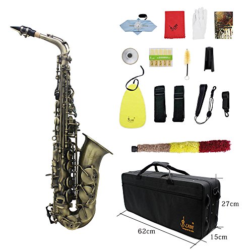 Ammoon - Patrón para saxofón alto, acabado antiguo, curvado Eb E, plano, saxofón alto, abulón, concha de concha con funda para guantes y correas de gamuza de limpieza