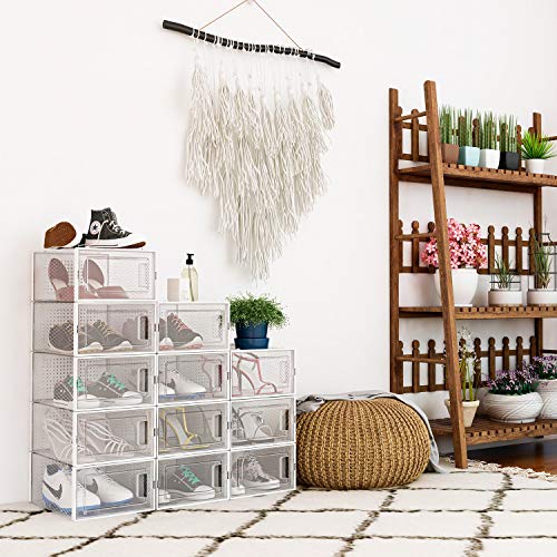 amzdeal Cajas de Zapatos Plásticas 12 Pcs - Organizador de Zapatos Transparente, Apilable y Impermeable, Caja de Almacenamiento Plegable, Ahorra Espacio, Zapateros para Hombres y Mujeres 33×23×14cm
