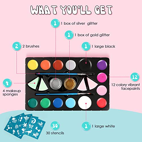 amzdeal Pintura Facial con 14 Colores Pintura Cara para la Fiesta Navidad Kit de Pintura Maquillaje como Regalos de los niños con Polvo Brillo*2, Pigmento*14 y Pincel*2