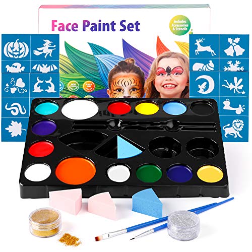 amzdeal Pintura Facial con 14 Colores Pintura Cara para la Fiesta Navidad Kit de Pintura Maquillaje como Regalos de los niños con Polvo Brillo*2, Pigmento*14 y Pincel*2