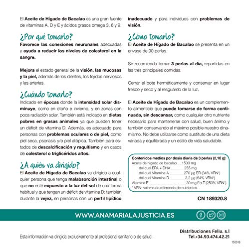 Ana Maria Lajusticia - Aceite de hígado de bacalao – 90 perlas aporte de vitamina a, d y e y ácidos grasos omega 3. Envase para 30 días de tratamiento.