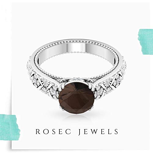 Anillo de boda con cuentas de cuarzo ahumado de 2 quilates, diamante certificado SGL HI-SI claridad de color, solitario, anillo de oro, filigrana promesa de dama de honor, 18K Oro blanco, Size:EU 69