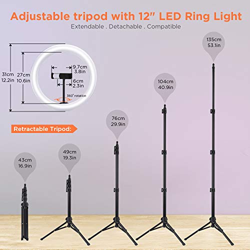Anillo de Luz con Trípode, TURATA 12"/ 31cm Aro de Luz LED Adjustable Ring Light para Selfie con Soporte para Teléfono con Pantalla Táctil y Control Remoto TikTok/Youtube/Maquillaje/Vlog/Blog