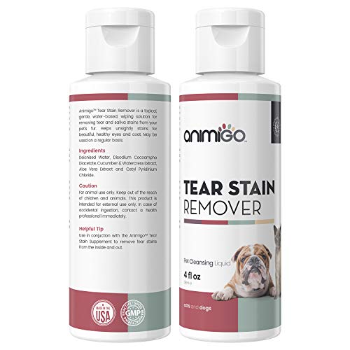 Animigo Limpiador de Ojos en Solución Tópica para Perros y Gatos | Limpiador de Manchas Lagrimales y de Saliva | Natural con Pepino, Berros y Aloe Vera | Limpia y Alivia Irritación Ocular | 118ml