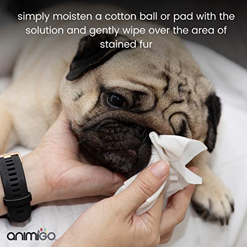 Animigo Limpiador de Ojos en Solución Tópica para Perros y Gatos | Limpiador de Manchas Lagrimales y de Saliva | Natural con Pepino, Berros y Aloe Vera | Limpia y Alivia Irritación Ocular | 118ml