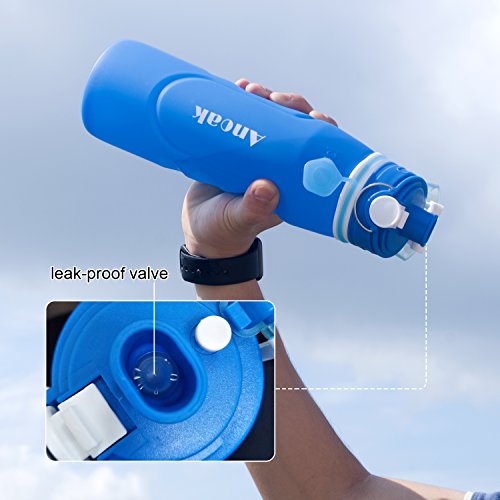 Anoak Botella de agua plegable de gran capacidad, 1000 ml, plegable, de silicona, para camping, al aire libre, a prueba de fugas, aprobado por la FDA, negro y azul – 2018, azul