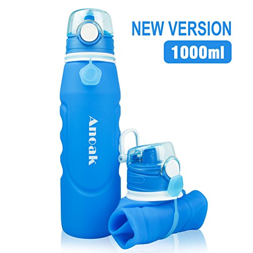 Anoak Botella de agua plegable de gran capacidad, 1000 ml, plegable, de silicona, para camping, al aire libre, a prueba de fugas, aprobado por la FDA, negro y azul – 2018, azul
