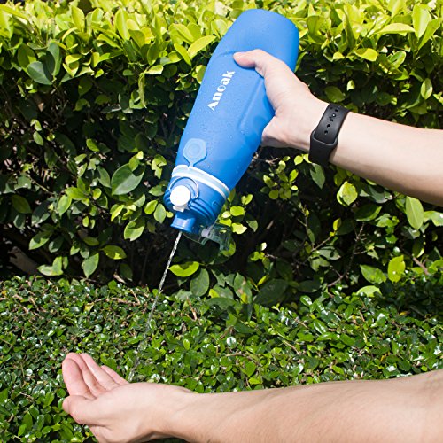 Anoak Botella de agua plegable de gran capacidad, 1000 ml, plegable, de silicona, para camping, al aire libre, a prueba de fugas, aprobado por la FDA, negro y azul – 2018, azul