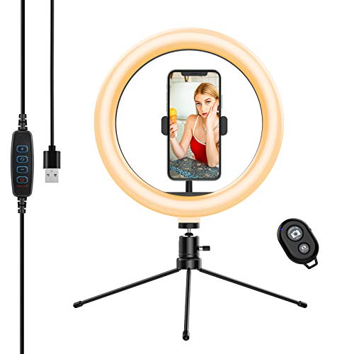 Anozer 10'' LED Anillo de Luz con Trípode Metal para Escritorio &Mejor Soporte de teléfono, Luz de 3 Colores y 10 Brillos para Selfies,transmisión en Vivo,Videoconferencia,Youtube, Maquillaje,Tiktok