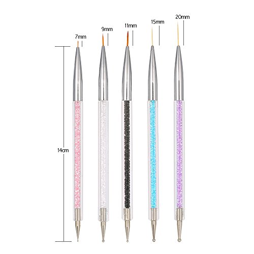 Anself Juego de bolígrafo de dibujo de uñas de 5 piezas con cristales, pincel de acrílico, línea de dibujo de nylon, herramienta de manicura