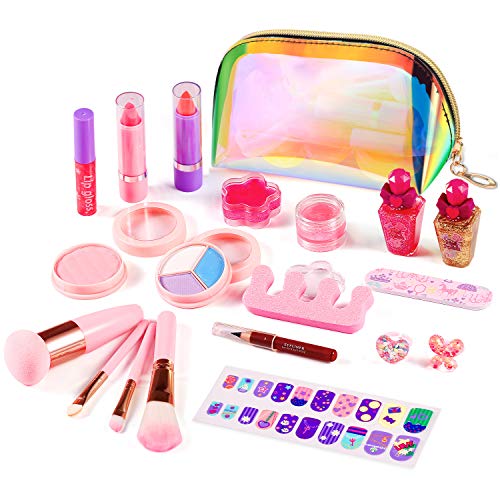 ARANEE 21PCS Juego de Maquillaje para niños para niñas, Kit de Juguete de Maquillaje Lavable con Bolsa de cosméticos con Purpurina