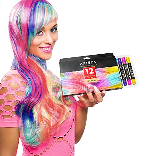 Arteza Tinte temporal de tiza para el pelo | 12 colores de tinte lavable para el cabello | Mechas temporales de colores vivos | Ideal para niñas, Halloween y fiestas de cumpleaños