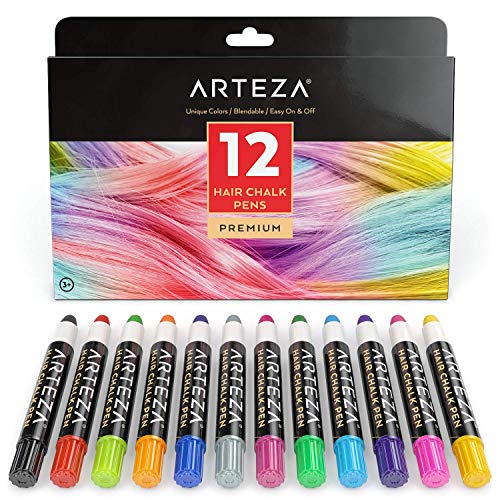 Arteza Tinte temporal de tiza para el pelo | 12 colores de tinte lavable para el cabello | Mechas temporales de colores vivos | Ideal para niñas, Halloween y fiestas de cumpleaños