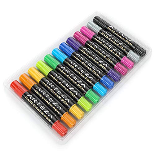 Arteza Tinte temporal de tiza para el pelo | 12 colores de tinte lavable para el cabello | Mechas temporales de colores vivos | Ideal para niñas, Halloween y fiestas de cumpleaños