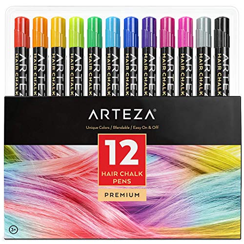 Arteza Tinte temporal de tiza para el pelo | 12 colores de tinte lavable para el cabello | Mechas temporales de colores vivos | Ideal para niñas, Halloween y fiestas de cumpleaños