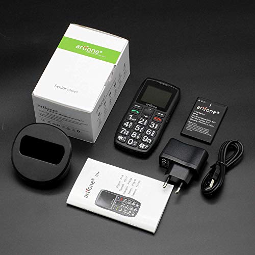 Artfone Teléfono Móvil para Personas Mayores Teclas Grandes con Pantalla de 1.77 Pulgadas Tecla de Emergencia Botón SOS Fácil de Usar para Ancianos, Artfone C1+ Senior-Negro