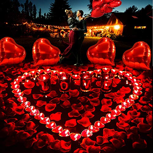 ASANMU Kit Romántico de Velas y Pétalos, 1000 Piezas Pétalos de Rosa + 50 Rojo Velas en Forma de Corazón + 10 Foil Globos Corazón Rojo Decoración para Bodas, San Valentín, Aniversarios y Compromiso
