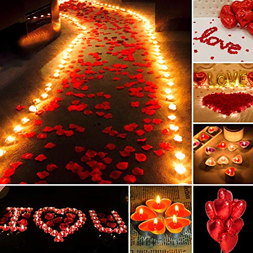 ASANMU Kit Romántico de Velas y Pétalos, 1000 Piezas Pétalos de Rosa + 50 Rojo Velas en Forma de Corazón + 10 Foil Globos Corazón Rojo Decoración para Bodas, San Valentín, Aniversarios y Compromiso