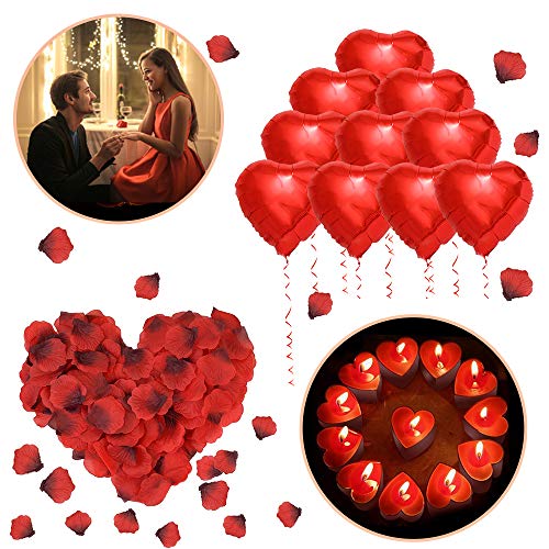 ASANMU Kit Romántico de Velas y Pétalos, 1000 Piezas Pétalos de Rosa + 50 Rojo Velas en Forma de Corazón + 10 Foil Globos Corazón Rojo Decoración para Bodas, San Valentín, Aniversarios y Compromiso