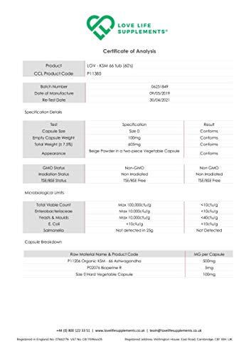 Ashwagandha KSM-66 Orgánico por LLS | Alta resistencia 500 mg por cápsula | 60 Cápsulas Veganas | 5% Ayurvedic Withania Somnifera | 100% puro y natural | Hecho en el Reino Unido bajo licencia GMP