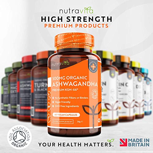 Ashwagandha Orgánica 500mg - Alta Calidad KSM-66 Sin Excipientes - 100% Natural Cápsulas Veganas - Suplemento de Ayurvédico de Withania Somnifera (Ginseng Indio) - Hecho en el RU por Nutravita