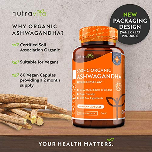 Ashwagandha Orgánica 500mg - Alta Calidad KSM-66 Sin Excipientes - 100% Natural Cápsulas Veganas - Suplemento de Ayurvédico de Withania Somnifera (Ginseng Indio) - Hecho en el RU por Nutravita