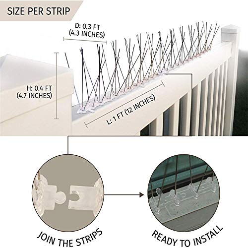 Aspectek Sistema Anti Pájaros de Acero Inoxidable - 10 Hileras de Púas Antipalomas Con Base de Policarbonato Para Control de Aves y Palomas (con Transparent Silicone Glue)