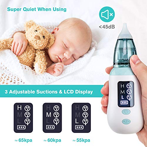 Aspirador Nasal, Aspirador Limpiador de Oidos para Bebés, USB Aspirador Nasal Electrico con Pantalla LED, 4 Boquillas de Succión de Saca Mocos Bebe Reutilizables Limpieza de Nariz para Bebé