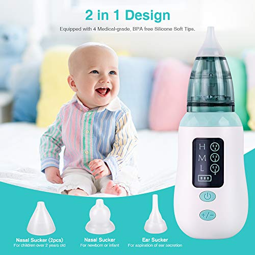 Aspirador Nasal, Aspirador Limpiador de Oidos para Bebés, USB Aspirador Nasal Electrico con Pantalla LED, 4 Boquillas de Succión de Saca Mocos Bebe Reutilizables Limpieza de Nariz para Bebé