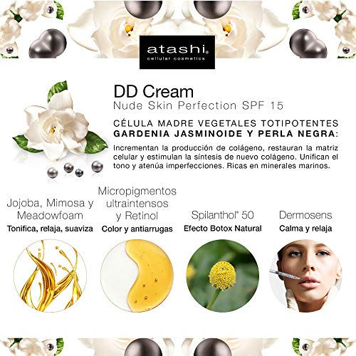 Atashi | DD Cream Antiedad | Tratamiento Antiedad con Color | Atenúa las manchas y minimiza los poros | Tono Intenso | SPF15