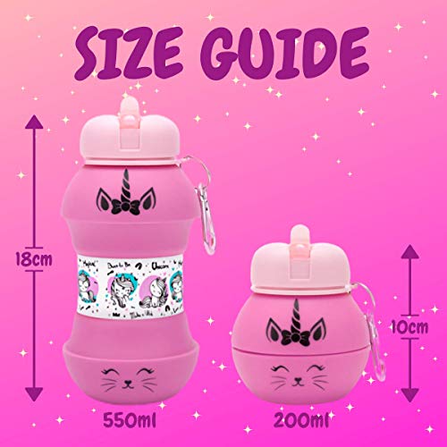 AToZ UK Botella de Agua Unicorn para niñas, Botella de Agua Reutilizable de Silicona Plegable de 550 ml, sin BPA, a Prueba de Fugas, Divertido diseño de Bola única con Estampado Exclusivo (Rosada)