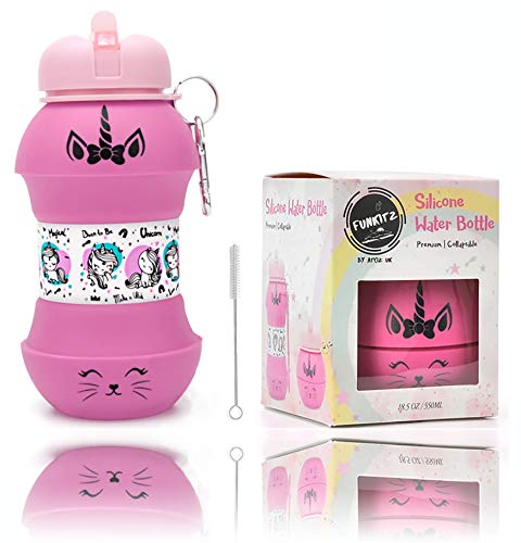 AToZ UK Botella de Agua Unicorn para niñas, Botella de Agua Reutilizable de Silicona Plegable de 550 ml, sin BPA, a Prueba de Fugas, Divertido diseño de Bola única con Estampado Exclusivo (Rosada)