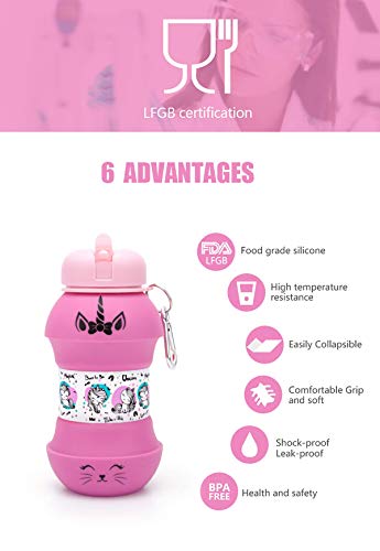 AToZ UK Botella de Agua Unicorn para niñas, Botella de Agua Reutilizable de Silicona Plegable de 550 ml, sin BPA, a Prueba de Fugas, Divertido diseño de Bola única con Estampado Exclusivo (Rosada)