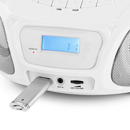 auna Roadie Sing CD - Boombox , Radio con CD , Reproductor de CD , Karaoke , Tamaño Compacto , Efecto Luminoso LED , Conectividad Bluetooth , Micrófono , con Cable o con Pilas , Blanco