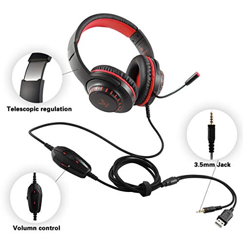 Auriculares para PS4, Surround Bass Sound para Xbox One, PC, Mac, Portátil y Tablet, Pacrate H-11 Auriculares Diadema con 3.5mm Jack con Luz LED