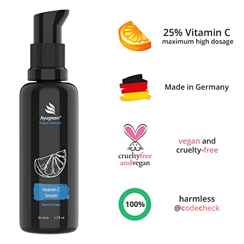 AYUGREEN Sérum Facial de Vitamina C Bio 50 ml, Dosis Máxima con 25% Vitamina C, Vegano - Cuidado Antiedad para Reducir las Arrugas de Cara, Cuello y Escote - Cosmética Natural Hecha en Alemania