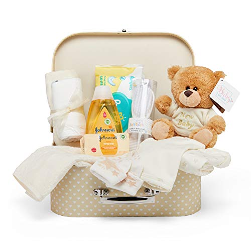 Baby Box Shop - Cesta regalo bebé para baby shower con todo lo esencial para bebes recién nacidos con osito de peluche y caja de recuerdos neutra