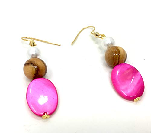 bagusto Pendientes de Madera de Olivo con Perlas Blancas y Gemas Rosadas Hechas a Mano en Mallorca Joyas de Madera Joyas de Playa de Verano