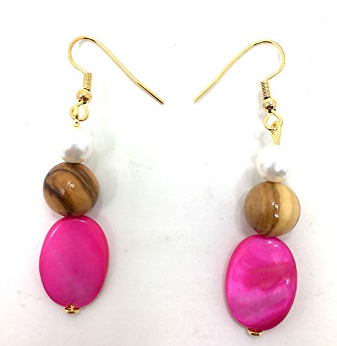 bagusto Pendientes de Madera de Olivo con Perlas Blancas y Gemas Rosadas Hechas a Mano en Mallorca Joyas de Madera Joyas de Playa de Verano