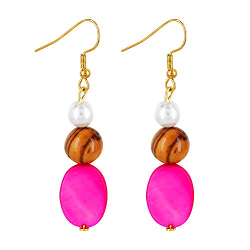 bagusto Pendientes de Madera de Olivo con Perlas Blancas y Gemas Rosadas Hechas a Mano en Mallorca Joyas de Madera Joyas de Playa de Verano