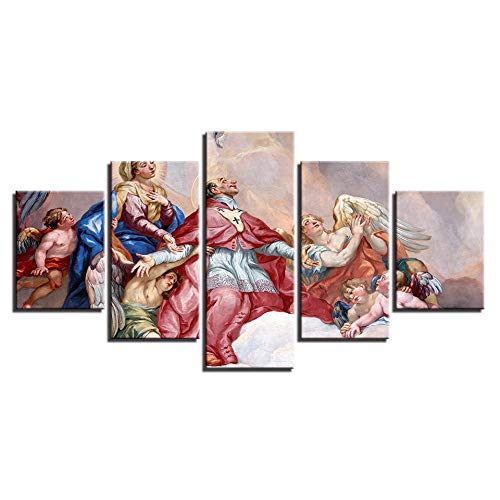 baixiangguo Lienzo Cuadros de Arte de Pared 5 Piezas Pinturas de la Iglesia de San Carlos Impresiones en HD Frescos religiosos Póster Marco de decoración del hogar Modular 60 Pulgadas X 32 Pulgadas