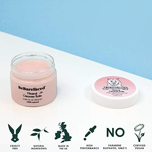 Bálsamo de limpieza facial vegano y natural de BeBarefaced con arcilla rosa mineral y aceite de coco – Limpiador facial humectante y antienvejecimiento para la piel seca – Con vitamina E