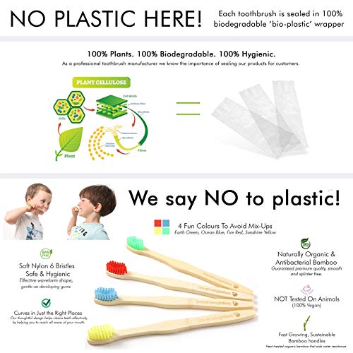 BAMBOOGALOO Orgánico Cepillos de Dientes de Bambú para Niños - Paquete de 4 con Gratis Ecológico Bastoncillos de Algodón de Bambú - Cepillo de Dientes de Madera Natural para Bebe, Infantil, Niños