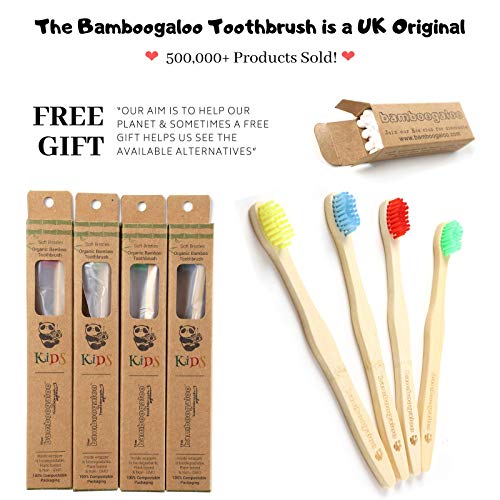 BAMBOOGALOO Orgánico Cepillos de Dientes de Bambú para Niños - Paquete de 4 con Gratis Ecológico Bastoncillos de Algodón de Bambú - Cepillo de Dientes de Madera Natural para Bebe, Infantil, Niños