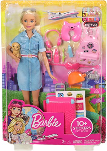 Barbie Vamos de viaje, muñeca con accesorios, edad recomendada: 3 años y mas (Mattel FWV25)