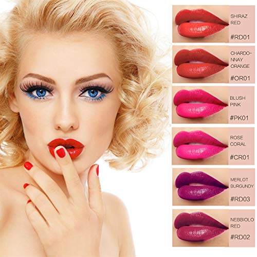 Barra de Labios, 6 Colores Pintalabios Lápiz Labial Mate Impermeable y de Larga Duración Maquillaje de Labios Belleza en Botella de Vino Tinto