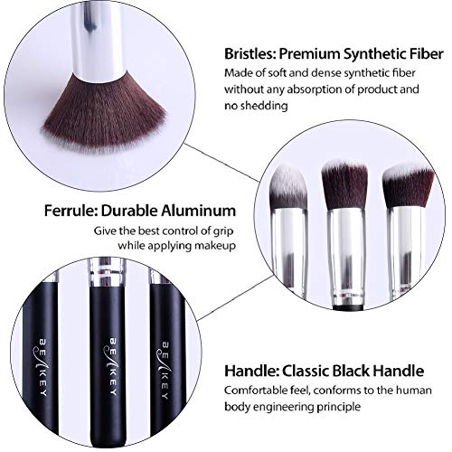 BEAKEY Set de Brochas de Maquillaje Profesional, Synthetic Kabuki Premium para Base Polvos Colorete Contorno, con Esponja y Limpiador de Cepillo (10+2 Piezas, Negro/Plateado)