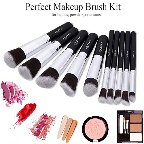 BEAKEY Set de Brochas de Maquillaje Profesional, Synthetic Kabuki Premium para Base Polvos Colorete Contorno, con Esponja y Limpiador de Cepillo (10+2 Piezas, Negro/Plateado)