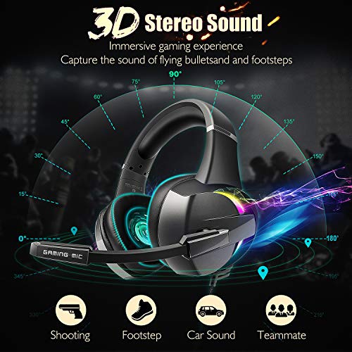 Beexcellent Cascos PS4, Auriculares con Micrófono Flexible, 50mm Driver Estéreo Envolventes, Orejeras Cómodas Iluminación RGB para PS4 Xbox One PC Tablet