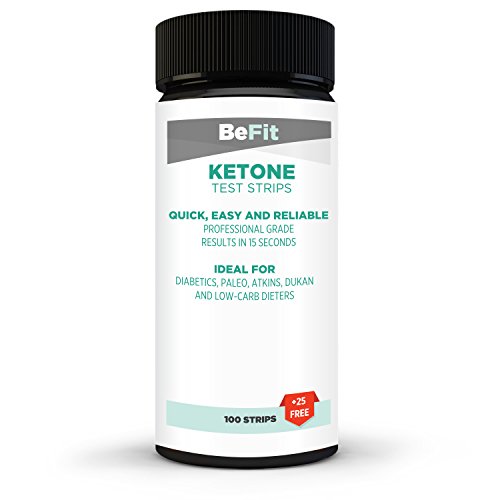 BeFit - Tiras para análisis de cetonas, ideales para seguir dietas cetogénicas (ayuno intermitente, paleo, Atkins), incluye 100 tiras + 25 gratis